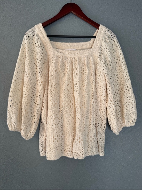 LC Lauren Conrad Tops - LC Lauren Conrad Cream Ivory Crochet Lace Square-Neck Peasant Puff Sleeve Blouse